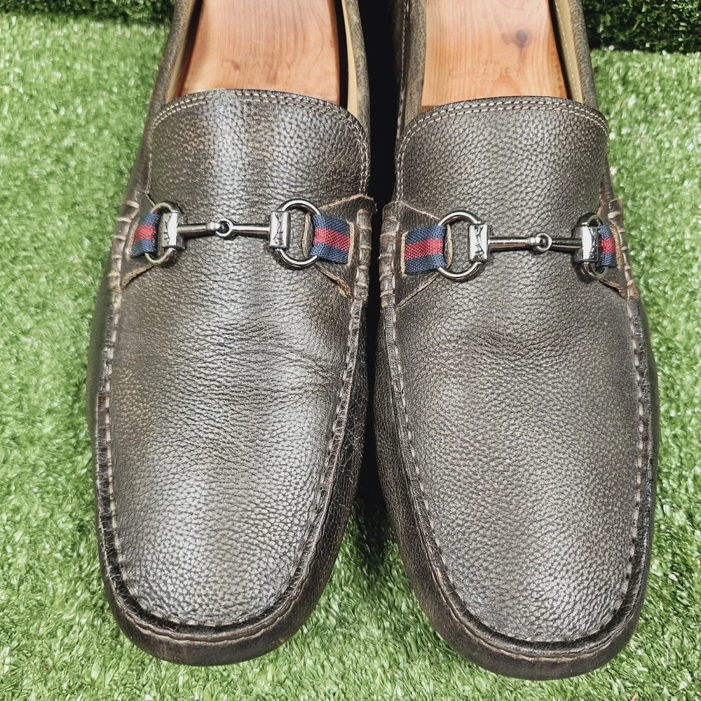 Martin Dingman Bermuda Brown Pebble Grain Leather Horse Bit Loafers Mens Size 15